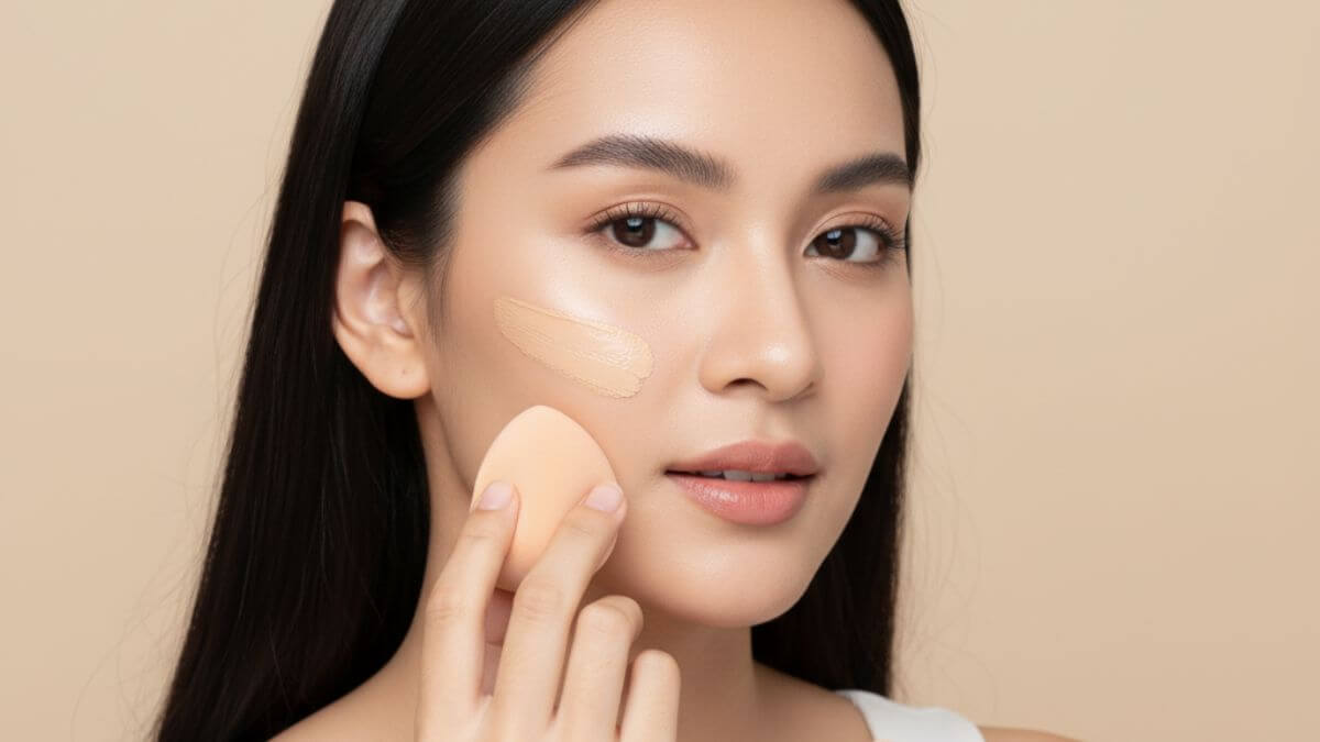 จัดเรียงรองพื้นแท่ง 4 แบรนด์ดัง ได้แก่ Make Up For Ever, Lancôme, Hourglass, Wet n Wild บนพื้นโต๊ะหรูหราโทนขาวทอง แสงสตูดิโอเน้นรายละเอียดแพ็กเกจ