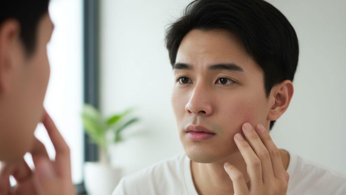 หนุ่มไทยผิวแพ้ง่ายแตะหน้าแสดงอาการแดงระคายเคืองเล็กน้อย