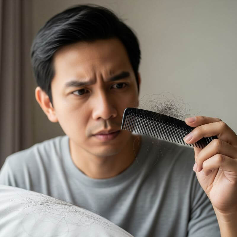 สาเหตุผมร่วงของผู้ชายไทยเห็นเส้นผมติดหวีและหมอน
