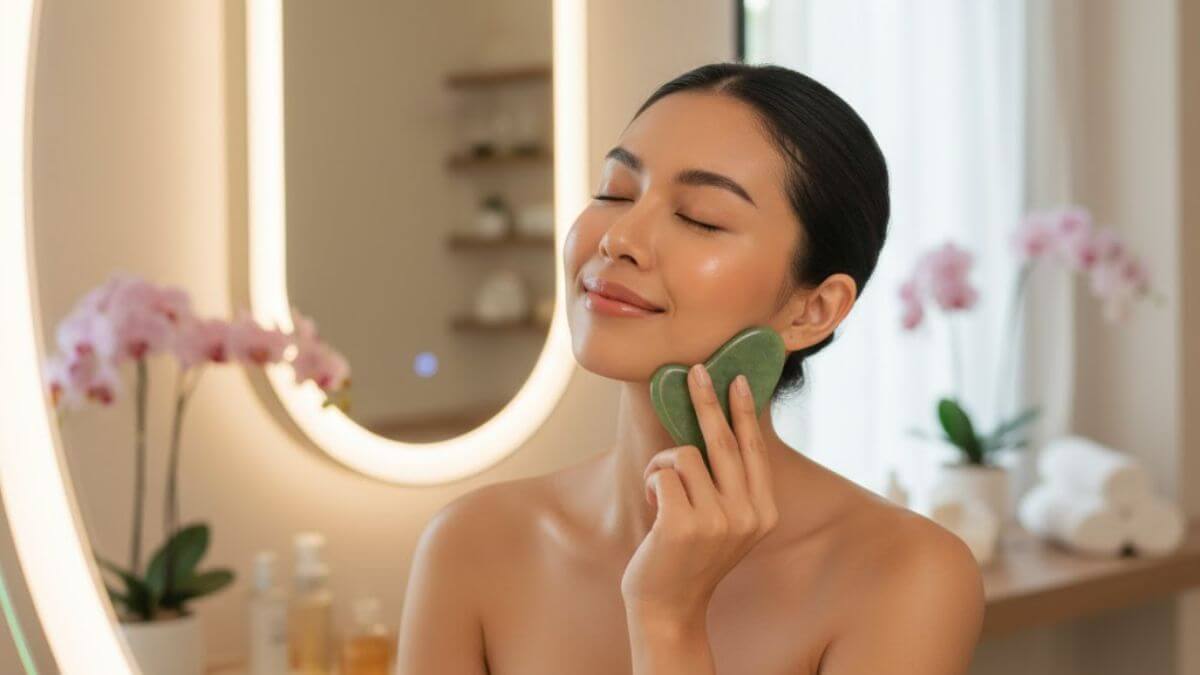 กัวซา (Gua Sha) คืออะไร? เผยเคล็ดลับผิวกระชับ หน้าเรียวแบบแพทย์จีนโบราณ 4 หญิงไทยใช้หินกัวซานวดหน้าเพื่อผิวเปล่งปลั่งและลดบวม