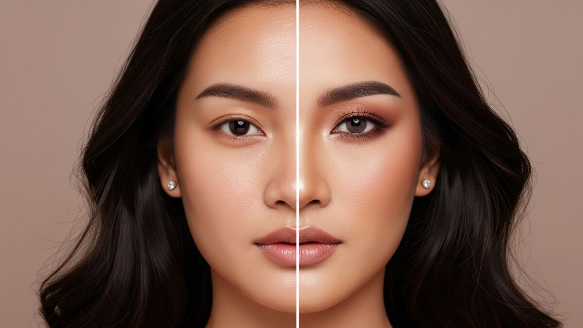 คอนทัวร์ (Contour) เลือกยังไง? เทคนิคสร้างมิติให้หน้าเรียวสวย | อัปเดต 2025 10 เปรียบเทียบใบหน้าก่อนและหลังการคอนทัวร์แต่งหน้า