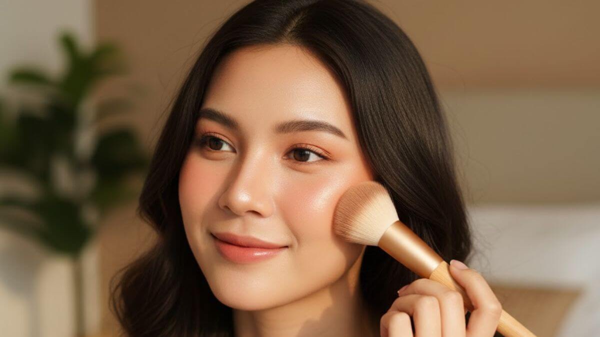 บลัชออนสีชมพู 2025 ปัดแล้วหน้าดูมีออร่า เหมาะกับทุกโทนผิว 7 หญิงสาวชาวไทยปัดบลัชออนสีชมพูด้วยแปรงอย่างเบามือ