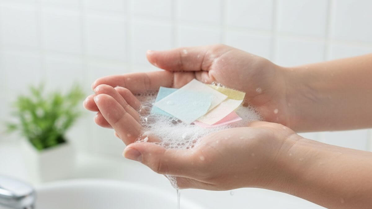 สบู่แผ่น (Paper Soap) คืออะไร ข้อดี–ข้อเสีย พร้อมวิธีเลือกใช้ให้เหมาะกับคุณ 3 วิธีใช้สบู่แผ่น ละลายในน้ำเพื่อทำความสะอาดมือ