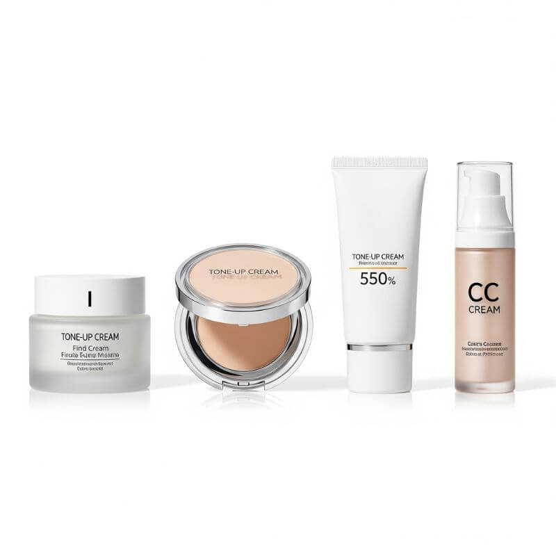 โทนอัพผิวหน้า Tone-Up Cream หรือ Tone-Up Skincare 7 โทนอัพผิวหน้ายี่ห้อดัง จัดเรียงบนพื้นหลังขาว
