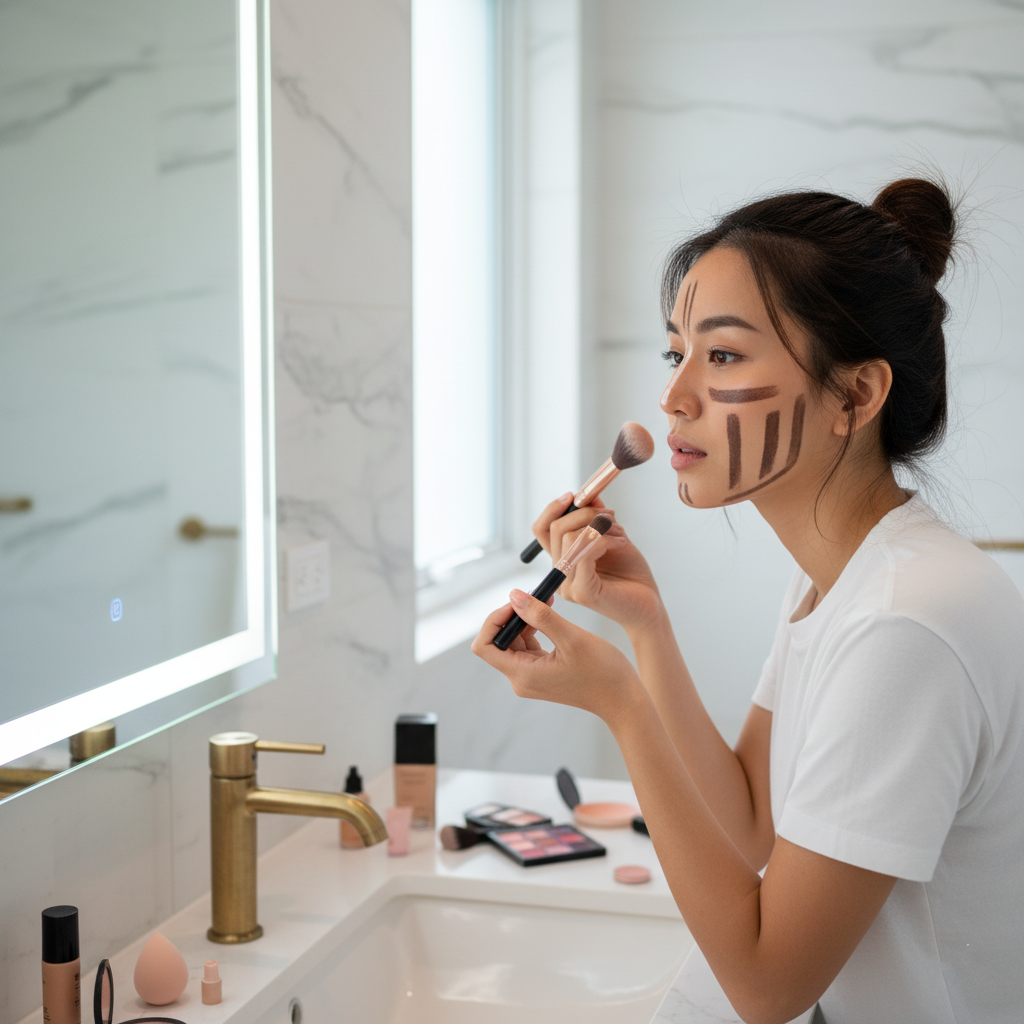 คอนทัวร์หน้าเรียว Contouring เฉดดิ้งสร้างกรอบหน้าสวยเป๊ะ 3 woman using contour in bathroom