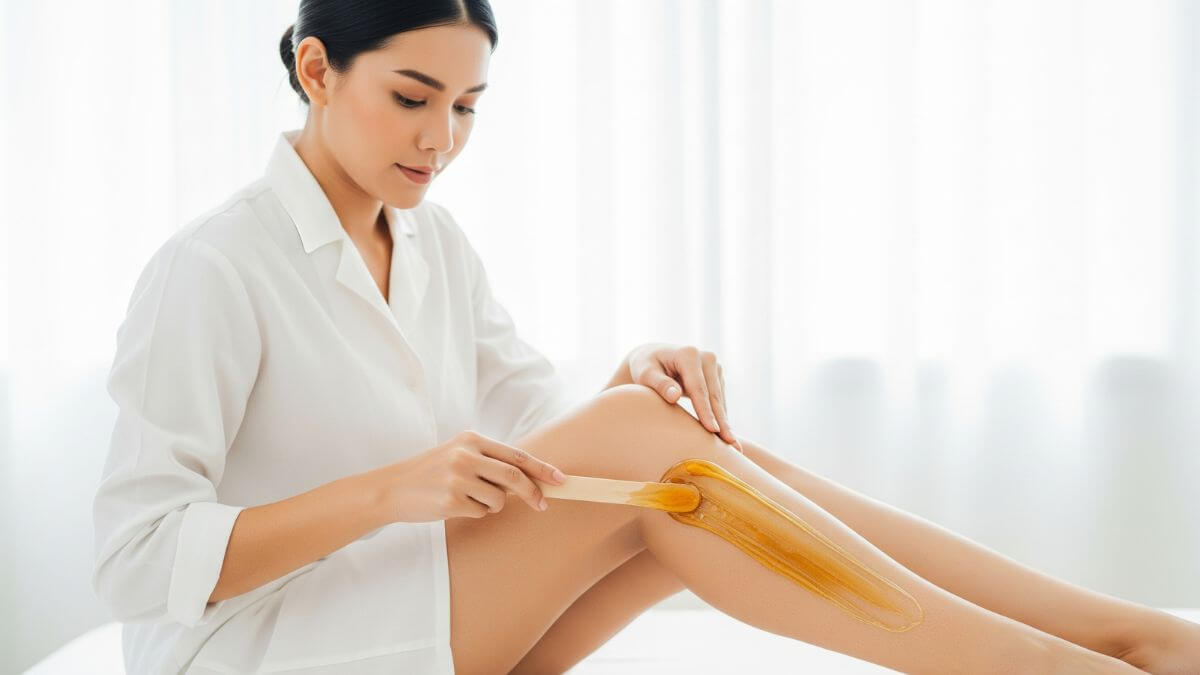 แว็กซ์น้ำผึ้ง Honey Wax Hair Removal สูตรธรรมชาติ วิธีทำ ข้อดี–ข้อเสีย และเคล็ดลับ 2025 2 การทาแว็กซ์น้ำผึ้งลงบนขาด้วยไม้พายเพื่อเตรียมกำจัดขน