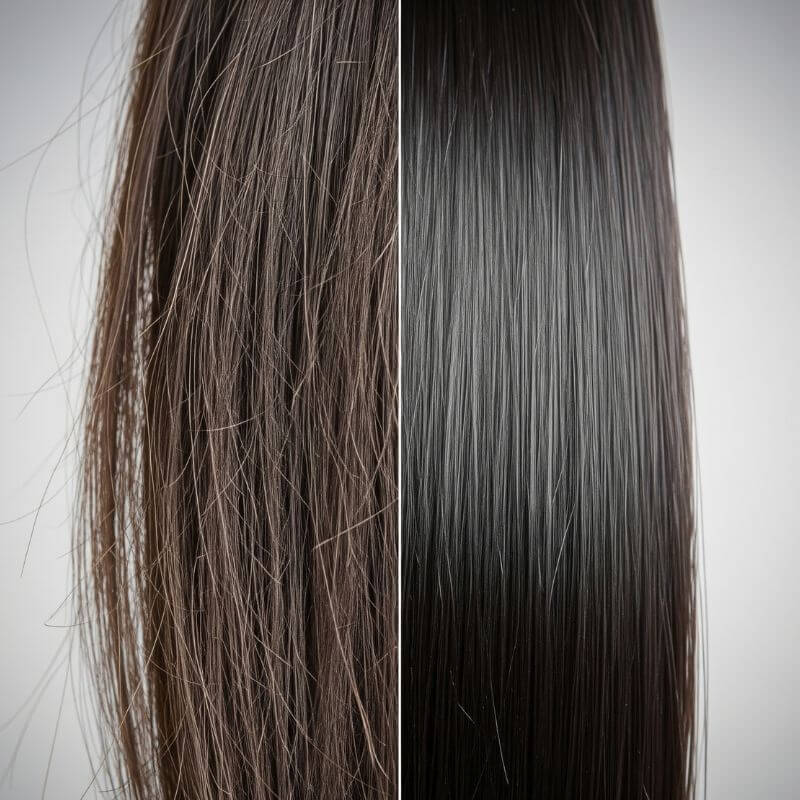 เคราตินนมแพะ (Goat Milk Keratin) ดีไหม? ฟื้นผมเสียให้นุ่มลื่น วิธีใช้ เปรียบเทียบ และข้อควรรู้ 6 เปรียบเทียบผมเสียก่อนและหลังใช้เคราตินนมแพะ