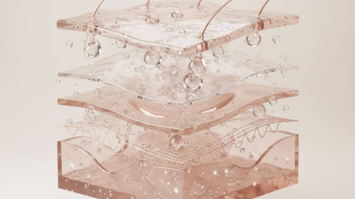 ภาพชั้นผิวดูดซับความชุ่มชื้น แสดงคุณสมบัติหลักของเซรั่มไฮยาลูรอนิก