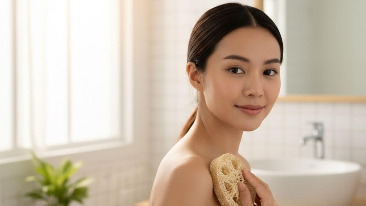 ใยบวบขัดผิว คืออะไร? ประโยชน์ วิธีใช้ และวิธีเลือกใยบวบธรรมชาติให้เหมาะกับผิว 2 ภาพผู้หญิงไทยใช้ใยบวบขัดผิวธรรมชาติในห้องน้ำ