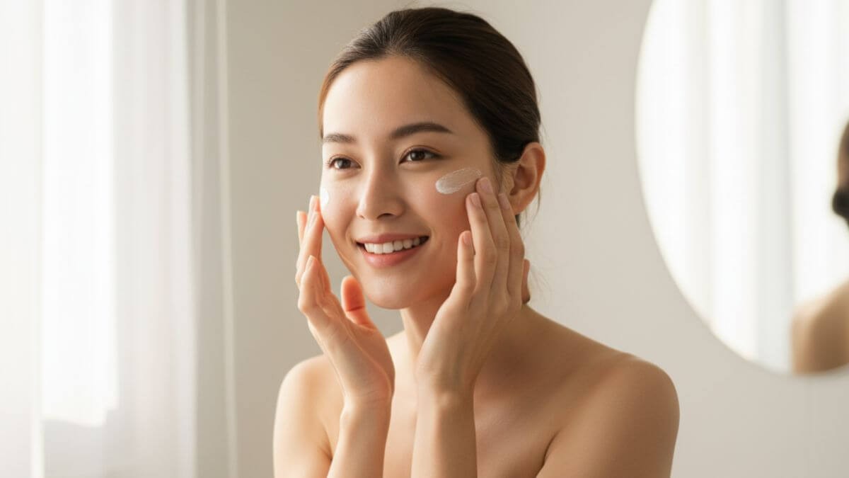 ครีมบำรุงผสมกันแดด 2-in-1 ใช้แทนครีมสองขั้นตอนได้จริงไหม? 4 หญิงสาวชาวไทยกำลังทาครีมบำรุงผสมกันแดดตอนเช้าอย่างสดใส