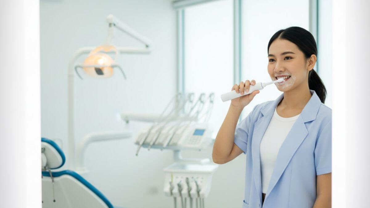 ยาสีฟันคลินิกคืออะไร แตกต่างจากยาสีฟันทั่วไปจริงไหม 2 ผู้หญิงไทยแปรงฟันในคลินิกทันตกรรมเพื่อสื่อถึงยาสีฟันคลินิก