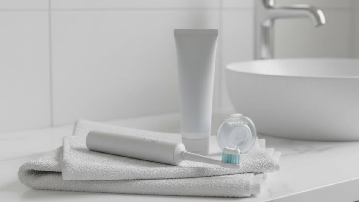 ยาสีฟันคลินิกคืออะไร แตกต่างจากยาสีฟันทั่วไปจริงไหม 9 อุปกรณ์ดูแลช่องปากพร้อมยาสีฟันคลินิกวางบนผ้าขนหนูสีขาว