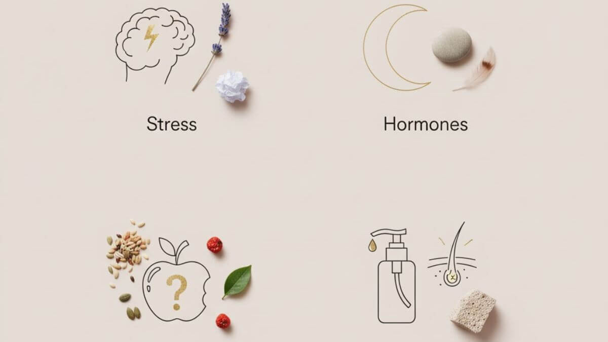 รีวิวแชมพูลดผมร่วง เห็นผลจริงใน 4 สัปดาห์ 3 อินโฟกราฟิกสาเหตุของผมร่วง เช่น ความเครียดและฮอร์โมน