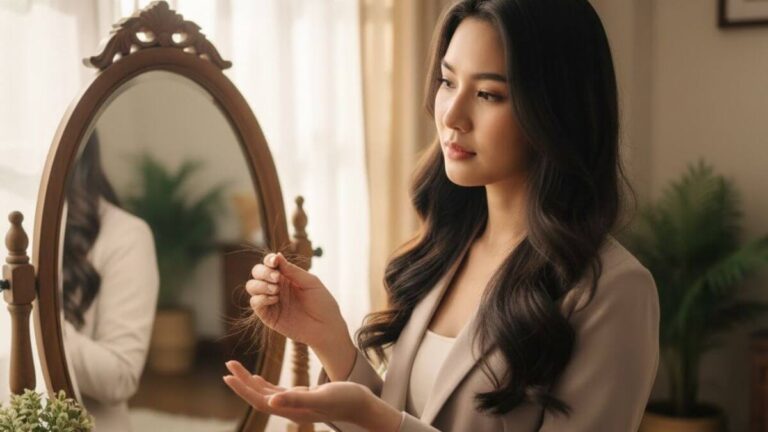 ผู้หญิงไทยจับเส้นผมร่วงเล็กน้อย ขณะดูแลเส้นผมเพื่อลดผมร่วง