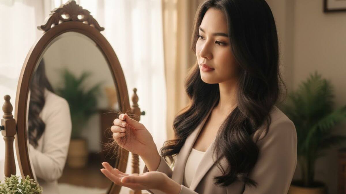 รีวิวแชมพูลดผมร่วง เห็นผลจริงใน 4 สัปดาห์ 2 ผู้หญิงไทยจับเส้นผมร่วงเล็กน้อย ขณะดูแลเส้นผมเพื่อลดผมร่วง