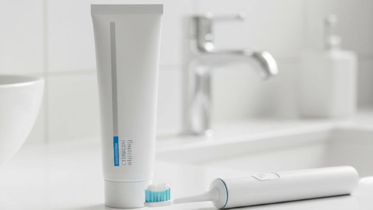 ยาสีฟันคลินิกคืออะไร แตกต่างจากยาสีฟันทั่วไปจริงไหม 3 หลอดยาสีฟันคลินิกวางบนเคาน์เตอร์สีขาวอย่างสะอาด