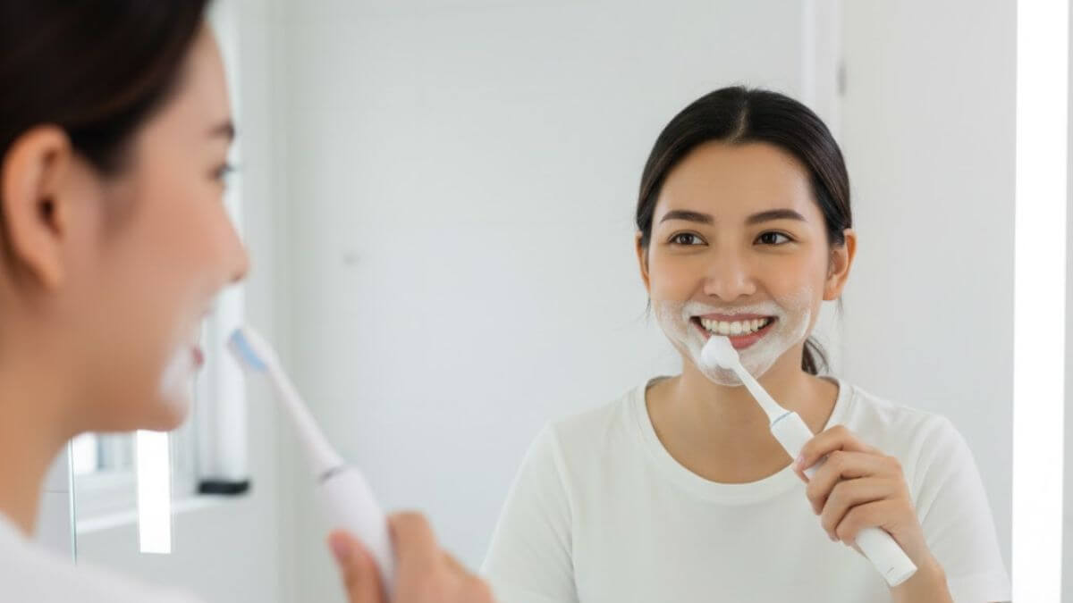 คนไทยกำลังแปรงฟันด้วยยาสีฟันฟันขาวในห้องน้ำ