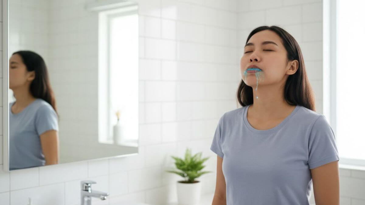 ลดกลิ่นปากตอนเช้า เลือกน้ำยาบ้วนปากแบบไหนดีให้ได้ผลจริง 7 ผู้หญิงไทยกำลังกวักน้ำยาบ้วนปากอย่างถูกวิธีหน้าอ่างล้างหน้า
