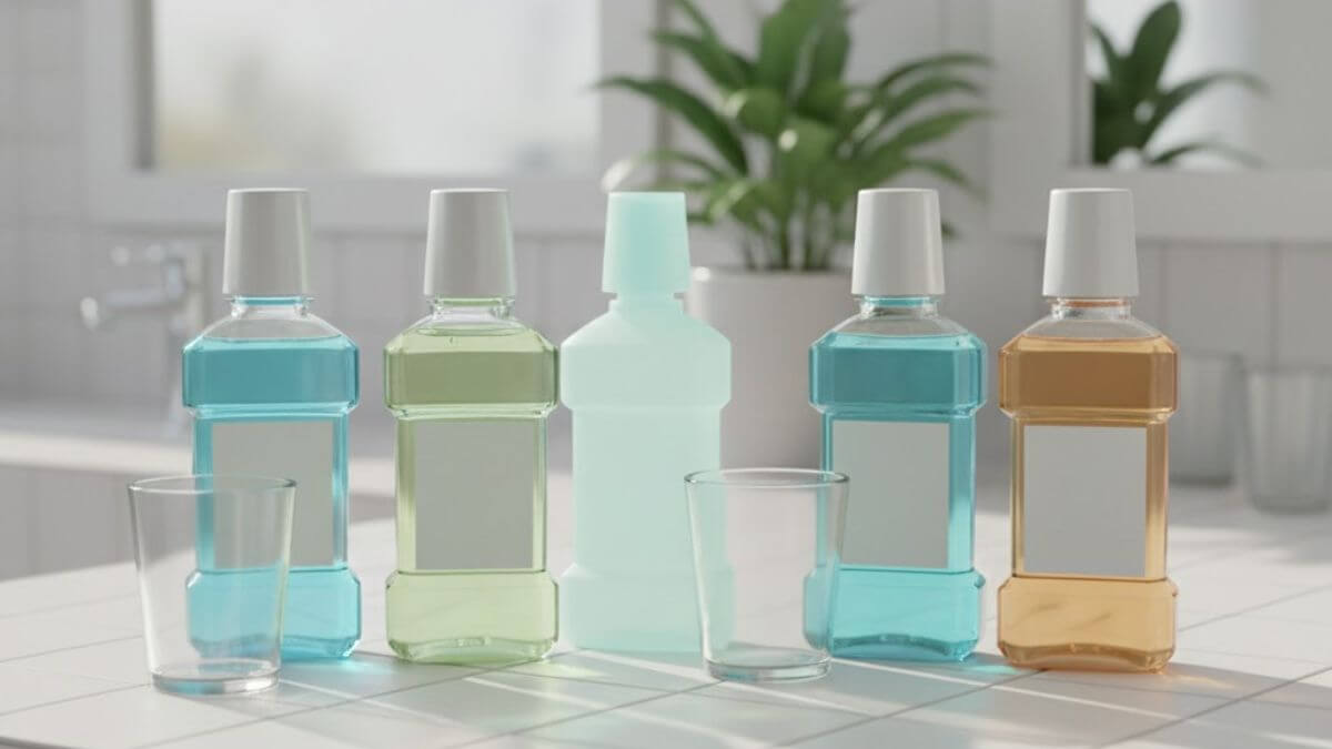 ลดกลิ่นปากตอนเช้า เลือกน้ำยาบ้วนปากแบบไหนดีให้ได้ผลจริง 5 ขวดน้ำยาบ้วนปากหลายประเภทวางบนเคาน์เตอร์ห้องน้ำ